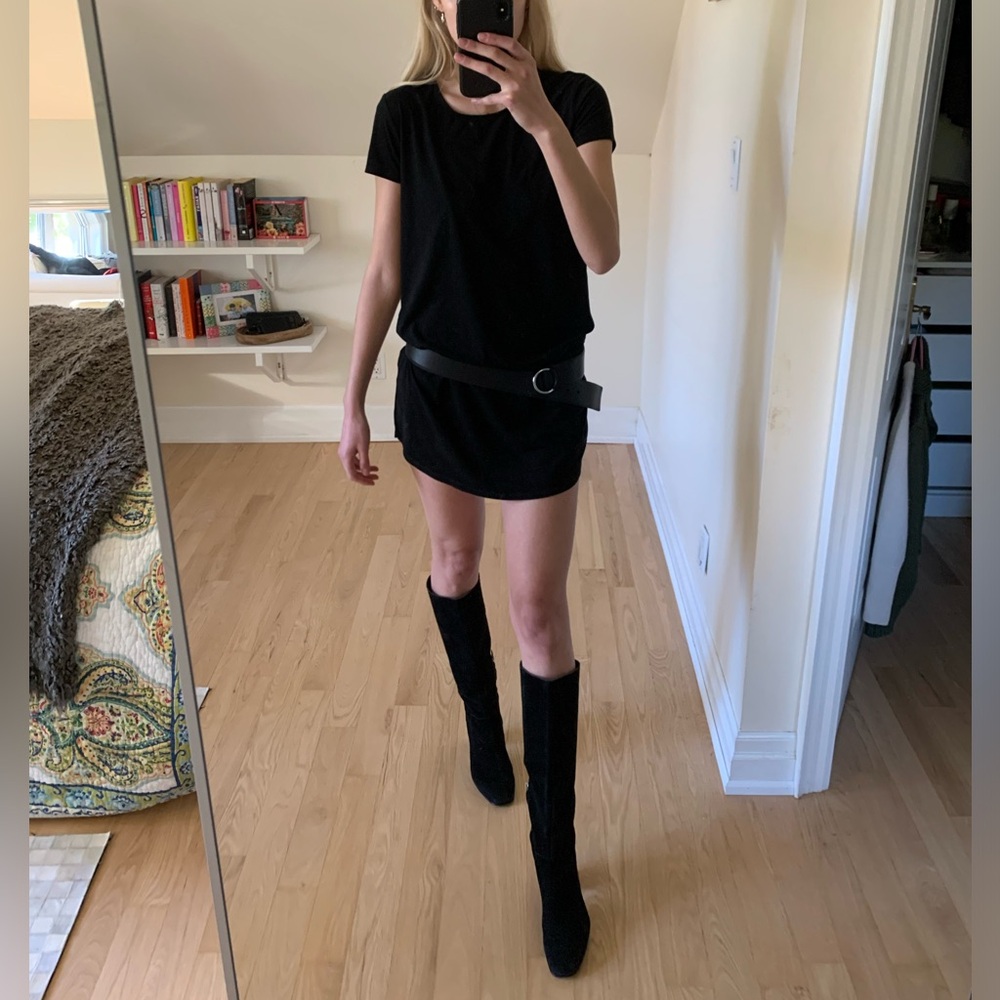 Casual Black Faux Suede T-Shirt Dress - Effortless Everyday Style